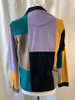Mens, Casual Jacket, URBAN OUTFITTERS, Black, Teal Green, Goldenrod Yellow, Lavender Purple, Khaki Brown, Cotton, Color Blocking, M, Collar Attached, Zip Front, 2 Patch Pocket with Flaps & Snap Buttons