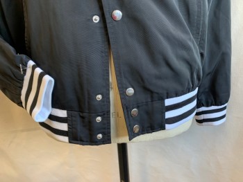Mens, Casual Jacket, FOREVER 21, Black, White, Red, Nylon, Polyester, Solid, Stripes - Horizontal , M, Collar Attached, Solid Red Lining, Metal Snap Front, Ribbed Knit Black/white Horizontal Stripes Long Sleeves Cuffs & Hem, 2 Pockets