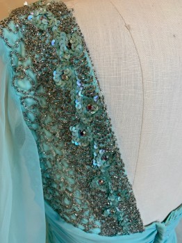 FOX 211, Sea Foam Green, Silver, Iridescent Green, Polyester, Plastic, Deep Scoop Neck with Clear/silver Beads & Sea Foam Sequins Work Along Scoop Neck, Upper Front & Back, Gathered Sheer Sea Foam Criss-cross  Bodice Front & Back, and Long Flowy Skirt with Sea Foam Lining, Sheer Sea Foam Long Sleeves with Matching Beads/sequins Work Cuffs, Partially Open Back, Zip Back,