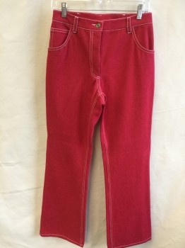 Womens, Jeans, FOX 1970, Red, Cotton, Solid, 27, Red Denim with White Top Stitches, 5 Pockets, Zip Front,
