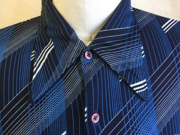 Mens, Shirt Disco, CALIFORNIA CASUALAIR, Black, White, Teal Blue, Gray, Polyester, Abstract , 17/34, Collar Attached, Button Front, 1 Pocket, Long Sleeves,