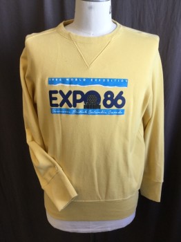 BAY MEADOWS, Yellow, Teal Blue, Navy Blue, Black, White, Cotton, Solid, Text, (DOUBLE)  Ribbed Knit "v" Seam Crew Neck, Long Sleeves Cuffs & Hem, with "1986 World Exposition EXPO 86 Vancouver British Columbia Canada"