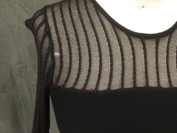 Womens, Top, RONNY KOBO, Black, Dk Red, Viscose, Nylon, Solid, Stripes, S, Pullover, Ribbed Knit Center, Black Mesh with Mottled Red/Black Stripe Upper/Sleeves/Peplum, Scoop Neck, Long Sleeves, with Bell Cuff and Ribbed Knit Cuff, Peplum Appears Pleated, *run in Top Front Right Near Sleeve Inset*