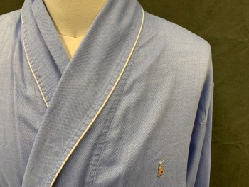 Mens, Bathrobe, POLO, French Blue, Cotton, Solid, S/M, Shawl Collar with White Piping, 2 Pockets, Long Sleeves, Belt Loops (No Belt)