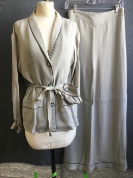 Womens, 1930s Vintage, Piece 1, MTO, Taupe, Black, Rayon, Solid, Grid , W27, B36, Shawl Collar, 3 Buttons,  2 Pockets, Belt Loops, Matching Tie Belt, Long Sleeves with Gathered Wrists and Button Cuffs, Piped Trim Pajama, Unstructured