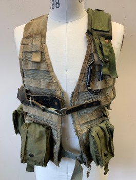 Unisex, Tactical Vest, Military, N/L, Olive Green, Tan Brown, Nylon, Cotton, Camouflage, S/M, Digital ACU Pattern, Mesh with Nylon Webbing, Various Compartments/Pockets, Dirty/Holes