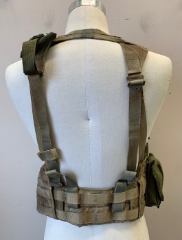 Unisex, Tactical Vest, Military, N/L, Olive Green, Tan Brown, Nylon, Cotton, Camouflage, S/M, Digital ACU Pattern, Mesh with Nylon Webbing, Various Compartments/Pockets, Dirty/Holes