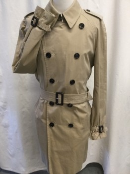 Mens, Coat, Trenchcoat, BURBERRYS , Tan Brown, Cotton, Solid, L, Double Breasted, Large Dark Tortoise Shell Buttons, Epaulets, Strap Cuffs, Belt with Dark Brown Plastic Buckle ,  Knee Length  Hook and Bar Collar Closure, Yoke Vent,  1 Back Vent