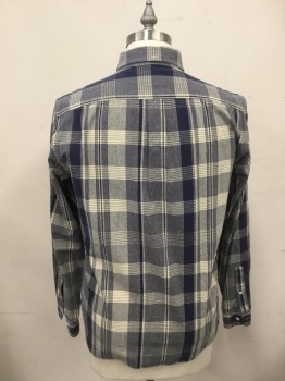 J. CREW, Navy Blue, Cream, Cotton, Plaid, Button Front, Collar Attached, Button Down Collar, Long Sleeves, 1 Flap Pocket