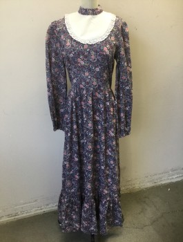 N/L, Navy Blue, White, Pink, Lt Blue, Beige, Cotton, Calico , Floral, Prairie Style Maxi Dress, Floral Calico with Solid White Bib Panel at Neck, Stand Collar in Calico Fabric, White Scallopped Eyelet Trim, Long Sleeves, Floor Length,
