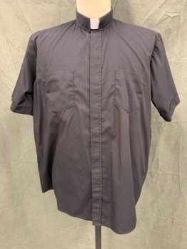 Unisex, Shirt, RJ TOOMEY, Black, White, Poly/Cotton, Solid, 16.5, Button Front with Hidden Placket, Short Sleeves, Collar Attached Tacked Down, White Plastic Collar Insert, 2 Pockets, Priest, Clergy