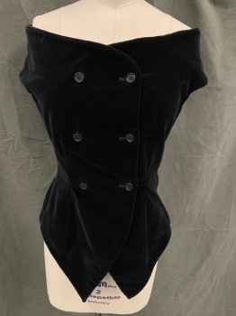 Womens, 1990s Vintage, Piece 1, ROMEO GIGLI, Black, Cotton, Modal, Solid, W:26, B:32, Top/Vest - Velvet, Double Breasted, Off the Shoulder Sleeveless, Pointed Front Hem,