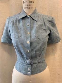 Womens, Blouse, NL, Blue, Sky Blue, White, Wool, Plaid, B:36, 2PC  with Matching Belt, Collar Attached, Single Breasted, Button Front, Short Sleeves, 1 Patch Pocket, Pleated Front Near Waist
