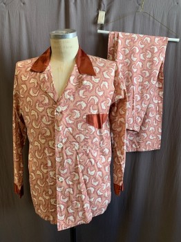 NITE KRAFT, Dusty Pink, White, Magenta Pink, Cotton, Abstract , Pajama Top, Button Front, Copper Satin Collar Attached, Notched Lapel, 1 Pocket with Satin Trim, Satin Cuffs
