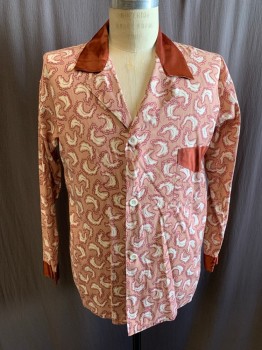 Mens, 1960s Vintage, P1, NITE KRAFT, Dusty Pink, White, Magenta Pink, Cotton, Abstract , M, Pajama Top, Button Front, Copper Satin Collar Attached, Notched Lapel, 1 Pocket with Satin Trim, Satin Cuffs