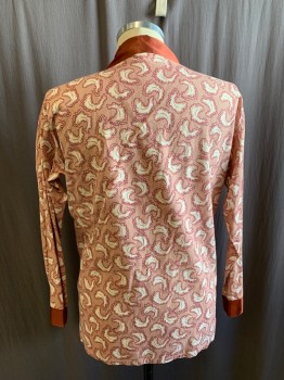 NITE KRAFT, Dusty Pink, White, Magenta Pink, Cotton, Abstract , Pajama Top, Button Front, Copper Satin Collar Attached, Notched Lapel, 1 Pocket with Satin Trim, Satin Cuffs