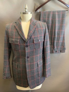 Mens, 1920s Vintage, Suit, Jacket, COSTUME WORKSHOP, Navy Blue, Gray, Red, Wool, Plaid-  Windowpane, 36/29, 42R, Norfolk Jacket, Single Breasted, 2 Buttons,  4 Patch Pockets with Flaps, Notched Lapel, Belt Center Back,