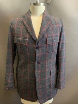 Mens, 1920s Vintage, Suit, Jacket, COSTUME WORKSHOP, Navy Blue, Gray, Red, Wool, Plaid-  Windowpane, 36/29, 42R, Norfolk Jacket, Single Breasted, 2 Buttons,  4 Patch Pockets with Flaps, Notched Lapel, Belt Center Back,