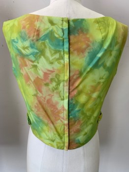 N/L, Lt Green, Pink, Cream, Blue, Gold, Silk, Floral, Sleeveless, Sheer Green Chiffon Overlayer on Top of Floral, Boat Neck, Back Zip, a Bow on Each Side