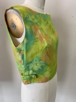 N/L, Lt Green, Pink, Cream, Blue, Gold, Silk, Floral, Sleeveless, Sheer Green Chiffon Overlayer on Top of Floral, Boat Neck, Back Zip, a Bow on Each Side