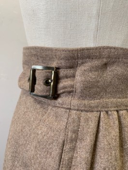 ESCADA, Beige, Wool, Solid, Thick Wool, Knee Length, Wrapped Front With Straps And Buckles At Sides, 2" Wide Waistband, 2 Side Pockets, Box Pleats In Back
