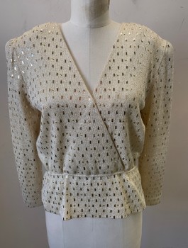 ST JOHN, Champagne, Gold, Silver, Sequins, Wool, Squares, Dots, Top: Knit with Gold and Silver Rectangle and Dot Sequins Throughout, Long Sleeves, Padded Shoulders, Surplice V-neck, Peplum Waist