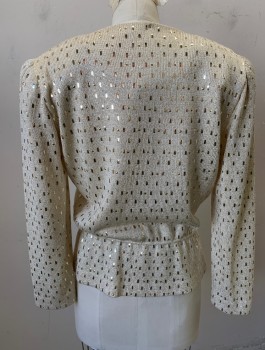 Womens, 1980s Vintage, Piece 1, ST JOHN, Champagne, Gold, Silver, Sequins, Wool, Squares, Dots, W:27, B:38, Top: Knit with Gold and Silver Rectangle and Dot Sequins Throughout, Long Sleeves, Padded Shoulders, Surplice V-neck, Peplum Waist