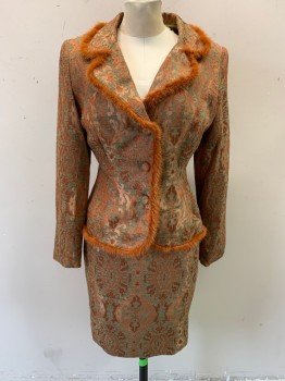 Womens, Suit, Jacket, KAY UNGER NY, Burnt Orange, Gold, Olive Green, Acetate, Acrylic, Leaves/Vines , B: 34, Early 2000s, Notched Lapel, Single Breasted, Button Front, 3 Buttons, Burnt Orange Minx Fur Trim