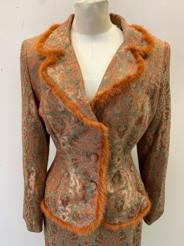 Womens, Suit, Jacket, KAY UNGER NY, Burnt Orange, Gold, Olive Green, Acetate, Acrylic, Leaves/Vines , B: 34, Early 2000s, Notched Lapel, Single Breasted, Button Front, 3 Buttons, Burnt Orange Minx Fur Trim
