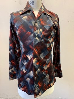 Mens, Shirt Disco, CAREER CLUB, Red Burgundy, Midnight Blue, Beige, Red-Orange, Polyester, Plaid, Abstract , M, Collar Attached, Button Front, Long Sleeves, Plaid Like Brush Stroke Pattern