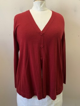 J. JILL, Red Burgundy, Polyester, Wool, Solid, V-N, 3 Covered Buttons, L/S