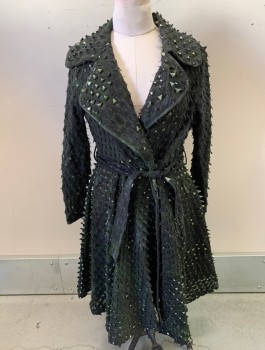 Womens, Sci-Fi/Fantasy Coat/Robe, WHY DRESS, Black, Iridescent Black, Green, Synthetic, W:32, B:36, Dragon Scales Texture With Peeled Up Triangles, Fishnet Underneath, L/S, Wide Lapel, A-Line, Belt Loops, ***With Matching Belt