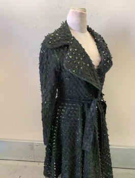 Womens, Sci-Fi/Fantasy Coat/Robe, WHY DRESS, Black, Iridescent Black, Green, Synthetic, W:32, B:36, Dragon Scales Texture With Peeled Up Triangles, Fishnet Underneath, L/S, Wide Lapel, A-Line, Belt Loops, ***With Matching Belt