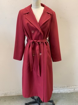 Womens, Trench Coat, NL, Maroon Red, Polyester, Wool, Solid, M, with Matching Belt, Collar Attached, Double Breasted, Button Front, 2 Pockets