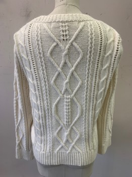 Womens, Pullover, VERONIC BEARD, Ivory White, Wool, Cotton, Cable Knit, S, Puff L/S, Small Shoulder Pads