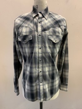 Mens, Western, WRANGLER, Black, Dk Gray, Gray, Ecru, Cotton, Plaid, M, Collar Attached, Snap Front, Black Smoky Buttons With Silver Frame, Long Sleeves, 2 Patch Pockets with Flaps & Snap Buttons