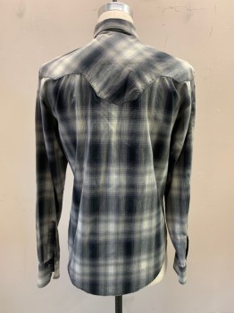 WRANGLER, Black, Dk Gray, Gray, Ecru, Cotton, Plaid, Collar Attached, Snap Front, Black Smoky Buttons With Silver Frame, Long Sleeves, 2 Patch Pockets with Flaps & Snap Buttons