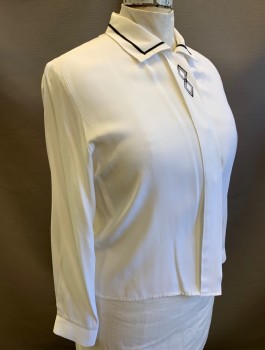 Womens, Blouse, PANTHER, White, Acetate, Rayon, Solid, Sz.14, B:42, Long Sleeves, Button Front, Collar Attached, Black Trim on Collar, Black Diamond Shape Embroidery Detail on Placket,