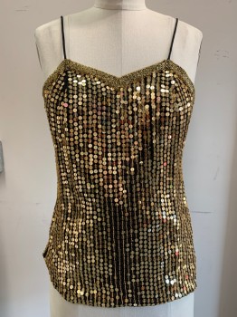 SHO MAX ORIGINALS, Gold, Black, Silk, Sequins, Spaghetti Straps, Vertical Rows of Gold Paillettes,  V Neck, Gold Seed Beaded Trim