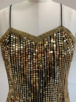 Womens, Top, SHO MAX ORIGINALS, Gold, Black, Silk, Sequins, B:33, M, Spaghetti Straps, Vertical Rows of Gold Paillettes,  V Neck, Gold Seed Beaded Trim