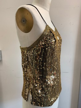 SHO MAX ORIGINALS, Gold, Black, Silk, Sequins, Spaghetti Straps, Vertical Rows of Gold Paillettes,  V Neck, Gold Seed Beaded Trim