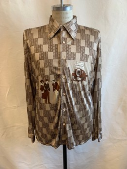 AUGIE, Champagne, Brown, Polyester, Geometric, Novelty Pattern, C.A., Button Front, L/S, Car and 2 Men and Woman
