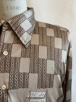 AUGIE, Champagne, Brown, Polyester, Geometric, Novelty Pattern, C.A., Button Front, L/S, Car and 2 Men and Woman