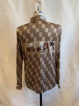 Mens, Shirt, AUGIE, Champagne, Brown, Polyester, Geometric, Novelty Pattern, 16/34, C.A., Button Front, L/S, Car and 2 Men and Woman