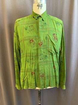 Mens, Shirt, CAFE, Moss Green, Green, Red-Orange, Black, Rayon, Floral, Plaid, 17/39, Black Specs, Collar Attached, Button Front, 1 Chest Pocket, Long Sleeves