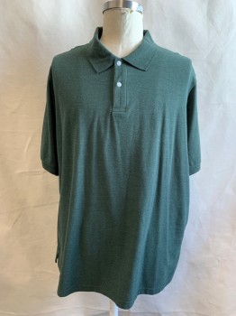 Mens, Polo, HARBOR BAY, Forest Green, Cotton, Polyester, Heathered, 3XL, 2 Button Placket, Ribbed Knit Collar Attached, Short Sleeves, Ribbed Knit Cuff