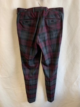 Mens, Casual Pants, BAR III, Maroon Red, Black, Lt Gray, Polyester, Viscose, Plaid, 31, 32, F.F, Zip Front, Extended Waistband With Button, 4 Pockets, Slim Fit