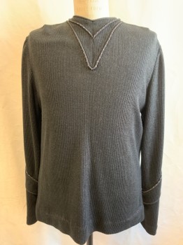 Mens, Tops, MTO, Black, Polyester, Solid, C 46, High V-N, Pull On, Zip Back Neck, L/S, Black And White Piping At V-N, And Cuffs