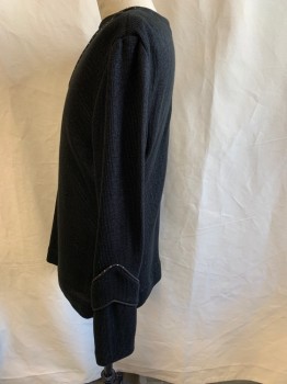 Mens, Tops, MTO, Black, Polyester, Solid, C 46, High V-N, Pull On, Zip Back Neck, L/S, Black And White Piping At V-N, And Cuffs
