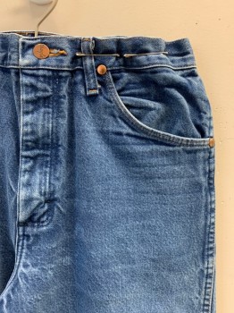Mens, Jeans, WRANGLER, Denim Blue, Cotton, Solid, L34, W33, High Rise, Zip Front, Button Closure, 5 Pockets, Leather Patch Logo